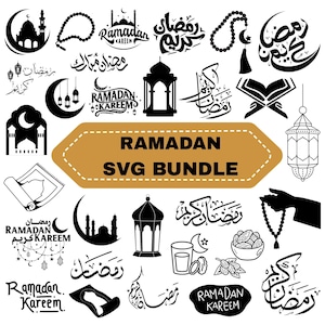 May include: A collection of black and white Ramadan-themed SVG graphics. The designs include mosques, lanterns, crescent moons, prayer beads, and calligraphy. The text "RAMADAN SVG BUNDLE" is displayed on a tan banner.