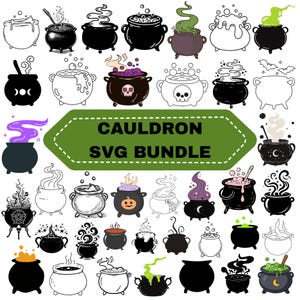 May include: A digital collection of various cauldron illustrations featuring black, white, and colored designs with steam, bubbles, skulls, pumpkins, and celestial motifs. The central green banner displays the text CAULDRON SVG BUNDLE.