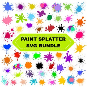 Puede incluir: Una colección de diseños de salpicaduras de pintura coloridas en varias formas y tamaños. La imagen incluye salpicaduras en tonos de azul, morado, verde, rosa, naranja, amarillo y negro. El texto en una pancarta verde dice "PAINT SPLATTER SVG BUNDLE."