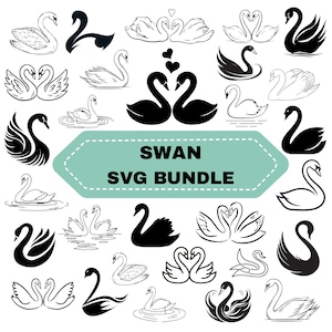 Könnte beinhalten: Eine Sammlung von Schwan-Illustrationen in Schwarz und Weiß, einschließlich Strichzeichnungen und Vollsilhouetten. Auf einem hellgrünen Banner steht der Text "SWAN SVG BUNDLE". Die Designs zeigen Schwäne in verschiedenen Posen, einige mit Herzen.