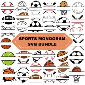 May include: A digital collection of sports-themed monogram designs featuring various balls, bats, and hoops in black, white, orange, and green. The central orange graphic displays the text SPORTS MONOGRAM SVG BUNDLE in bold black lettering.
