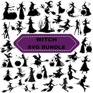 May include: A collection of black witch silhouettes in various poses, including flying on broomsticks and stirring cauldrons, arranged around a central purple hexagonal badge containing the white text WITCH SVG BUNDLE.