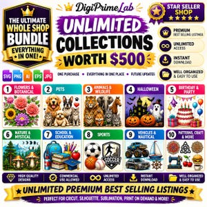 May include: A digital graphic advertisement for a bundle of design collections titled DigiPrimeLab Unlimited Collections Worth $500. The image displays ten numbered categories including flowers, pets, animals, Halloween, and sports with icons.