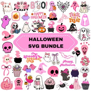 May include: A digital collection of Halloween-themed graphics featuring pink and black ghosts, skulls, pumpkins, cauldrons, bats, and witch hats. The centre text reads HALLOWEEN SVG BUNDLE. The illustrations include various spooky icons.