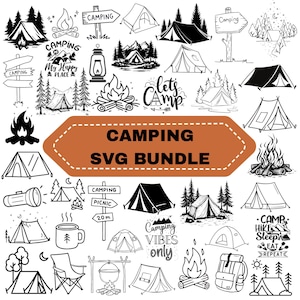 May include: A collection of black and white camping-themed illustrations including various tent styles, campfires, lanterns, pine trees, directional signs, and mugs. A central orange hexagonal banner displays the text CAMPING SVG BUNDLE.