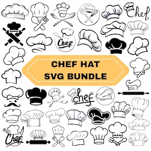 Op de afbeelding: Een verzameling zwart-witte illustraties van koksmutsen, inclusief diverse mutsstijlen, gekruiste keukengerei en deegrollers. In het midden staat een gele zeshoek met de zwarte tekst CHEF HAT SVG BUNDLE in het midden.