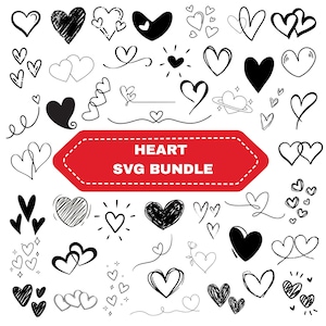 May include: A selection of hand-drawn heart illustrations in diverse styles, including solid, outlined, and textured designs. A red banner displays the text "HEART SVG BUNDLE". The hearts are in black and white.