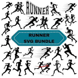 Könnte beinhalten: Eine Sammlung schwarzer Silhouette-Illustrationen von Läufern in verschiedenen Posen, mit Geschwindigkeitslinien, die Bewegung anzeigen. Das Wort "RUNNER" wird in fetter, stilisierter Schrift angezeigt, und der Satz "SVG BUNDLE" ist ebenfalls vorhanden. Das Thema ist Laufen und Sport.
