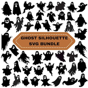 Op de afbeelding: Een verzameling zwarte spooksilhouetten in verschillende vormen en uitdrukkingen, gerangschikt rond een centraal bruin zeshoekig label met witte stippellijnen en de zwarte tekst GHOST SILHOUETTE SVG BUNDLE in hoofdletters.