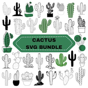 Puede incluir: Una colección de ilustraciones de cactus en varios estilos, incluyendo arte lineal y siluetas sólidas. Algunos cactus son verdes, otros en blanco y negro. El texto "CACTUS SVG BUNDLE" se muestra en una pancarta verde.
