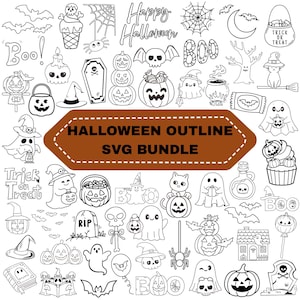 Könnte beinhalten: Eine Sammlung von schwarz-weißen Halloween-Illustrationen mit Geistern, Kürbissen, Fledermäusen, Totenköpfen, Spinnen und Hexenhüten. Ein zentrales braunes Banner zeigt den Text HALLOWEEN OUTLINE SVG BUNDLE in fetten schwarzen Buchstaben.
