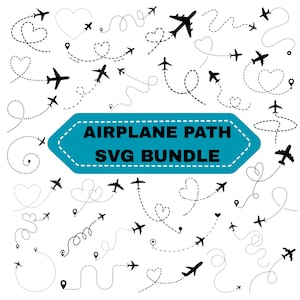 Puede incluir: Colección de siluetas de aviones negros con trayectorias de vuelo punteadas, incluyendo formas de corazón y espirales, sobre un fondo blanco. Una pancarta turquesa dice "AIRPLANE PATH SVG BUNDLE".