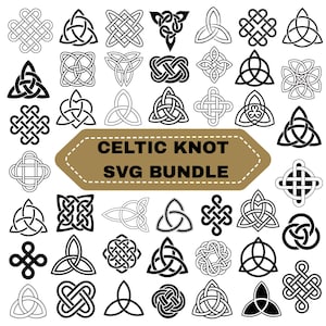 May include: A collection of black and white Celtic knot designs in various styles. The image includes a banner that reads "Celtic Knot SVG Bundle". The knots are intricate and symmetrical, suitable for digital art projects.