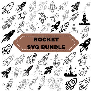 May include: A collection of black and white rocket ship illustrations in various styles, including solid silhouettes and line art designs. A central brown hexagonal banner features the white text ROCKET SVG BUNDLE in a bold, sans-serif font.