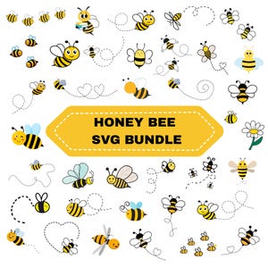 Könnte beinhalten: Eine Sammlung von Cartoon-Honigbienen in verschiedenen Posen, mit gelben und schwarzen Streifen, Flügeln und lächelnden Gesichtern. Das Bild enthält ein gelbes Banner mit dem Text "HONEY BEE SVG BUNDLE" in Schwarz.