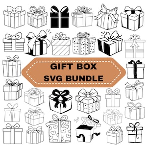 Puede incluir: Colección de cajas de regalo dibujadas a mano en varios estilos, con lazos y cintas. La imagen incluye el texto "GIFT BOX SVG BUNDLE" en una pancarta marrón, ideal para proyectos de manualidades y diseño.