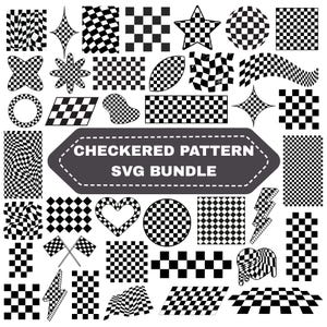May include: A collection of black and white checkered pattern designs in various shapes, including stars, hearts, and waves. The text "CHECKERED PATTERN SVG BUNDLE" is displayed on a dark gray banner.