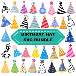 Könnte beinhalten: Eine Sammlung bunter Geburtstagsmützen in verschiedenen Designs, darunter Punkte, Streifen und Herzen. Das Bild zeigt ein türkisfarbenes Banner mit dem Text "BIRTHDAY HAT SVG BUNDLE".