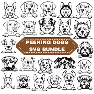 May include: A collection of black and white line art illustrations of various dog breeds peeking over a surface. The image includes a brown banner with the text "PEEKING DOGS SVG BUNDLE".