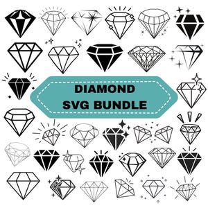 May include: A collection of diamond illustrations in various styles, including solid black and outlined designs. The text "DIAMOND SVG BUNDLE" is displayed on a teal banner, indicating a digital product.
