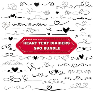 Op de afbeelding: Een verzameling zwarte tekstverdelers met hartthema's in verschillende stijlen. De ontwerpen omvatten harten, krullen en lijnen. Een rode banner met witte tekst luidt "HEART TEXT DIVIDERS SVG BUNDLE". Deze afbeeldingen zijn geschikt voor digitale ontwerpprojecten.
