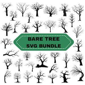 May include: A collection of black bare tree silhouettes in various shapes and sizes. The image includes a green banner with the text "BARE TREE SVG BUNDLE" in white.