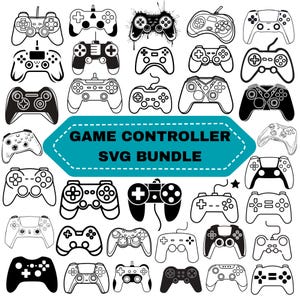 May include: A collection of black and white game controller designs. The image includes various controller styles, some with wires, and the text "GAME CONTROLLER SVG BUNDLE" in a teal banner.