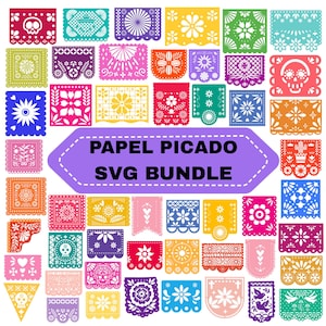 May include: A collection of colorful papel picado banners in various shapes and designs. The banners feature floral, skull, and geometric patterns in shades of pink, yellow, green, blue, and orange. Text on a purple banner reads "PAPEL PICADO SVG BUNDLE."