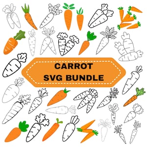 May include: A collection of carrot illustrations in various styles, including colored and outlined versions. The image features the text "CARROT SVG BUNDLE" on an orange banner. The carrots have green tops and orange bodies.