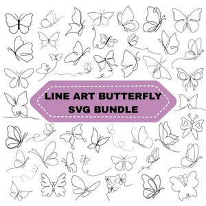 Op de afbeelding: Een verzameling zwarte lijntekeningen van vlinders op een witte achtergrond. De vlinders variëren in stijl en grootte, met een banner met de tekst "LINE ART BUTTERFLY SVG BUNDLE".