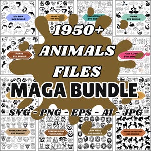 Op de afbeelding: Een digitale collectie van 1950+ dierlijke grafische bestanden in een mega bundel. De afbeelding bevat een grote bruine inktvlek die de tekst 1950+ ANIMALS FILES MEGA BUNDLE overlapt, met de bestandsformaten SVG, PNG, EPS, AI en JPG eronder.