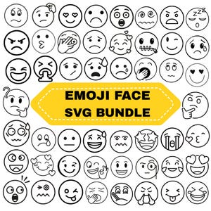 Puede incluir: Una colección de caras emoji en blanco y negro con diversas expresiones, incluyendo alegría, tristeza, enfado y sorpresa. El texto "EMOJI FACE SVG BUNDLE" se muestra en una pancarta amarilla.