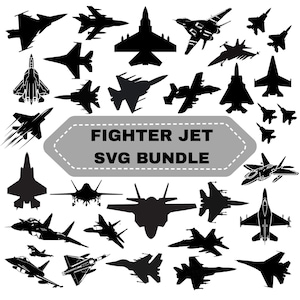 May include: A collection of black fighter jet silhouettes in various designs. The image includes a gray banner with the text "FIGHTER JET SVG BUNDLE". The jets are depicted from different angles, showcasing their wings and bodies.