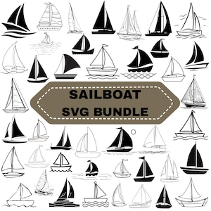May include: A collection of sailboat illustrations in black and white. The image includes various sailboat designs, from simple outlines to detailed drawings. Text in the center reads "SAILBOAT SVG BUNDLE".
