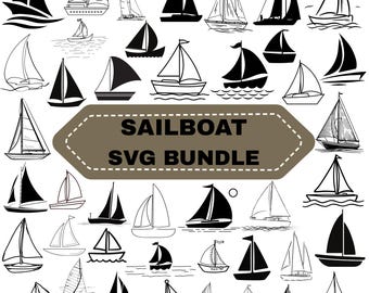 May include: A collection of sailboat illustrations in black and white. The image includes various sailboat designs, from simple outlines to detailed drawings. Text in the center reads "SAILBOAT SVG BUNDLE".
