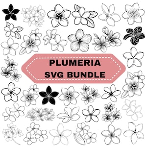 May include: A collection of black and white plumeria flower illustrations in various styles, including solid silhouettes and detailed line art. A central pink hexagonal banner features the text PLUMERIA SVG BUNDLE in bold black letters.
