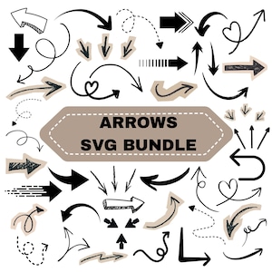 Op de afbeelding: Een verzameling zwarte en beige pijlen in verschillende stijlen, waaronder effen, gestippelde en hartvormige ontwerpen. De tekst "ARROWS SVG BUNDLE" staat op een beige banner. Ideaal voor digitale ontwerpprojecten.