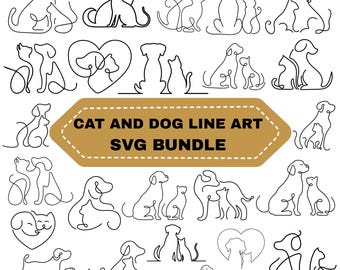 Katt- och hundkonst SVG-paket: Djurälskare clipart, Minimalistisk teckning (digital nedladdning)