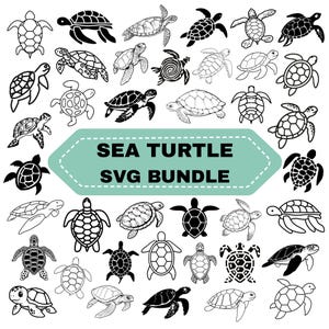 Pode incluir: Uma coleção de designs de tartarugas marinhas em vários estilos, incluindo arte linear e silhuetas pretas sólidas. O texto "SEA TURTLE SVG BUNDLE" é exibido em um fundo turquesa.