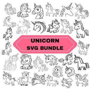 Könnte beinhalten: Eine Sammlung von schwarz-weißen Einhorn-Illustrationen in verschiedenen Posen. Das Bild enthält den Text "UNICORN SVG BUNDLE" in einem rosa Banner. Die Einhörner haben fließende Mähnen, Hörner und einige haben Flügel.