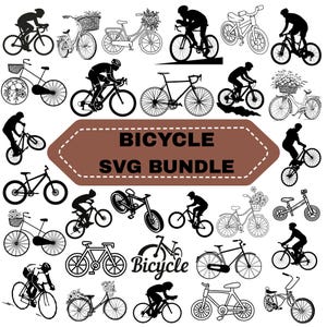 Pode incluir: Uma coleção de ilustrações de bicicletas em preto e branco com vários estilos, incluindo bicicletas de estrada, de montanha e com cestas de flores. Um hexágono castanho central contém o texto BICYCLE SVG BUNDLE.