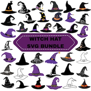 May include: A collection of various witch hat illustrations in black, purple, and white, featuring different styles, textures, and decorative elements like stars and moons. A central purple hexagon contains the text WITCH HAT SVG BUNDLE.