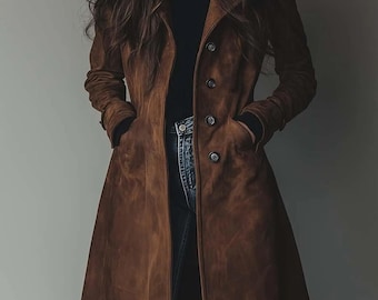 Women's Vintage-Inspired Brown Real Suede Trench Coat handmade Long Button-Up Fall Jacket.