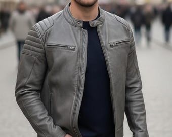 Men’s Gray Genuine Lambskin Leather Biker Jacket Handmade Vintage Slim Fit Moto