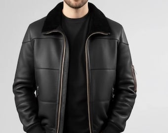 Men's Black Shearling Leather Bomber Jacket | Pilot Aviator Style Winter Coat