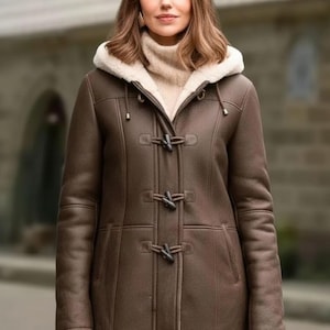 Women's Shearling Duffle Coat with Hood, Classic Brown Lambskin Jacket, Handmade Winter Outerwear