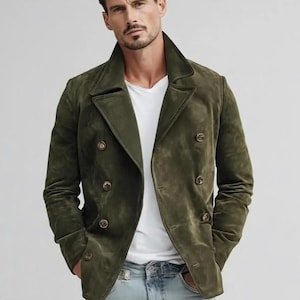 Caban homme fait main en daim vert olive | Veste croisée