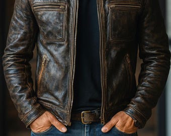Verontrust bruin leren Cafe Racer-jack - vintage slim-fit motorbikerjas heren