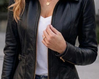 Women’s Black Leather Jacket – Slim Fit Classic Zip-Up Style