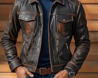 Mens Handmade Distressed vintage Black Sheepskin Leather Motorcycle Jacket